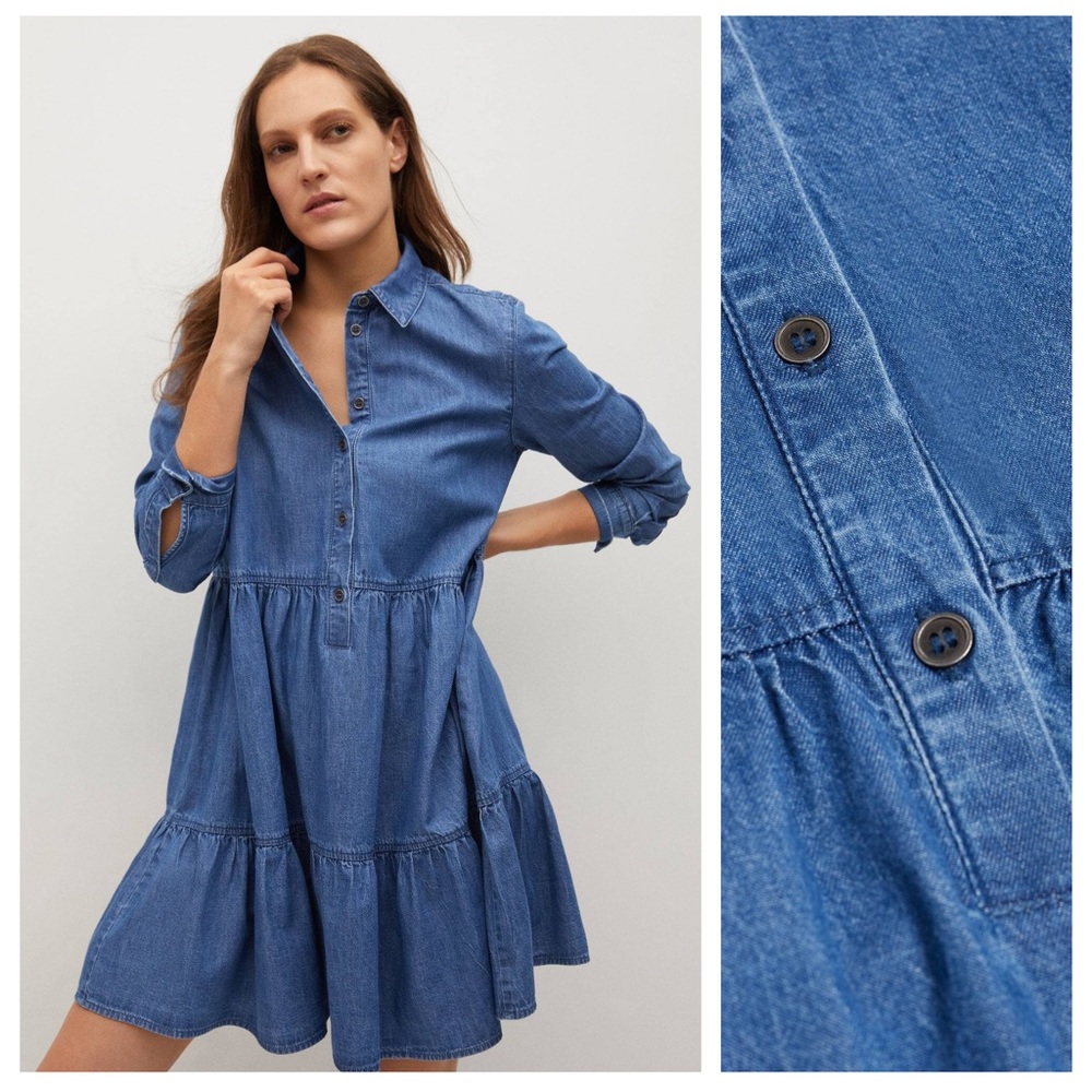 Mango Blue Denim Tiered Dress